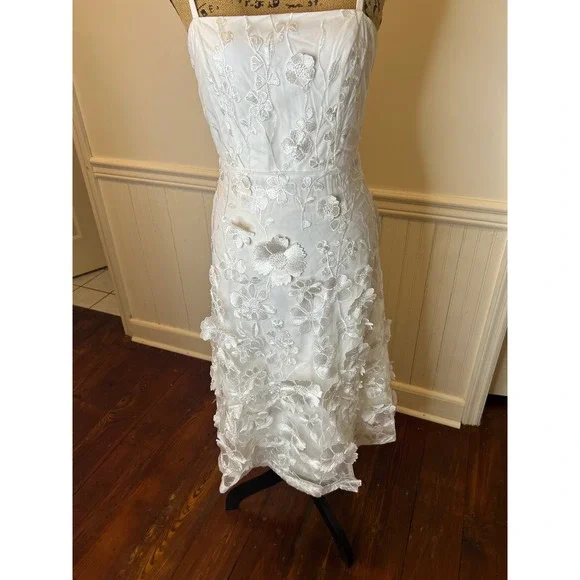 Lulus White 3D Floral Embroidered Midi Dress Square Neck Adjustable Straps XS - Picture 3 of 7